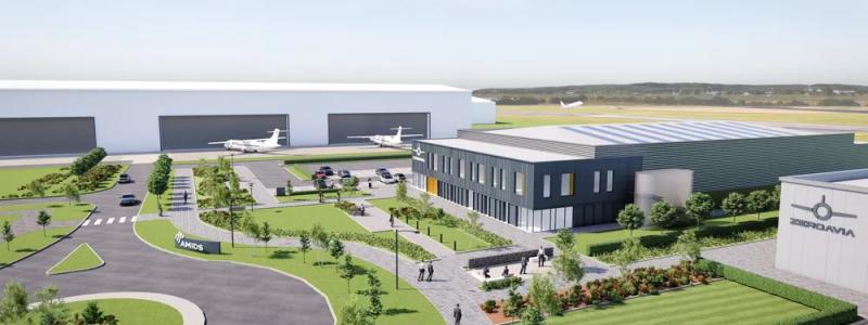 Illustration av ZeroAvias planerade tillverkningsanläggning för bränslecelldrivna flygplansmotorer nära Glasgows flygplats. Bild: ZeroAvia