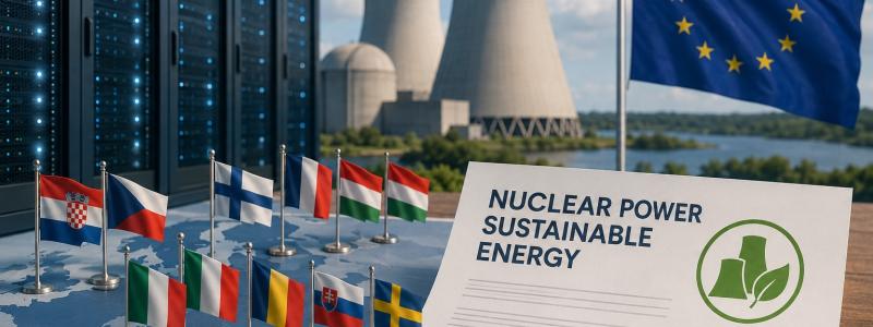 Datacenter och AI-anläggningar väntas stå för en snabbt växande del av Europas elförbrukning under de kommande åren. Flera medlemsstater ser därför kärnkraft som en viktig del av lösningen för att säkerställa stabil och koldioxidsnål energiförsörjning. Bild. Ej fotografi. AI-genererad bild. Copyright: Conventus