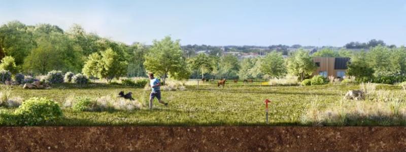 Visualiseringsbild: Vätgasinfrastuktur går under mark och har minimal åverkan på natur, odling och djurnäring. Foto: Nordeon Hydrogen