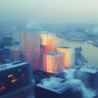 Illustration: Stad visualiserad som ett distribuerat värmelager, där byggnader används som en aktiv del av fjärrvärmesystemet. Pressbild: Utilifeed AB