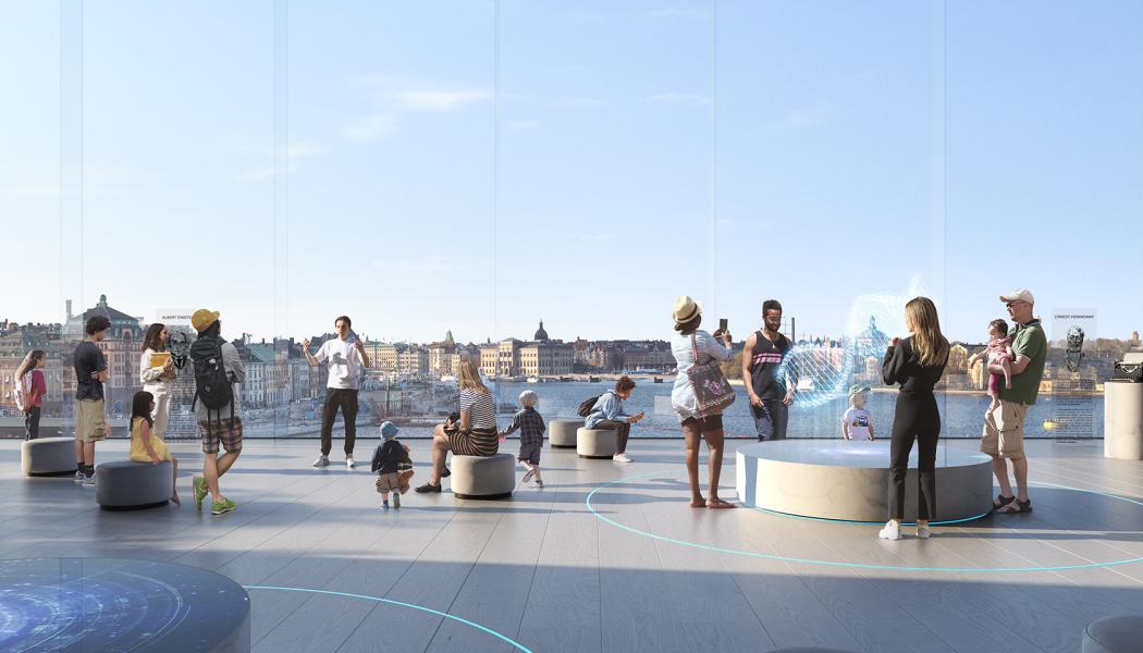Visionsbild inifrån ett framtida Nobel Center som ska byggas längs Stadsgårdskajen vid Slussen i Stockholm. Illustration: TMRW