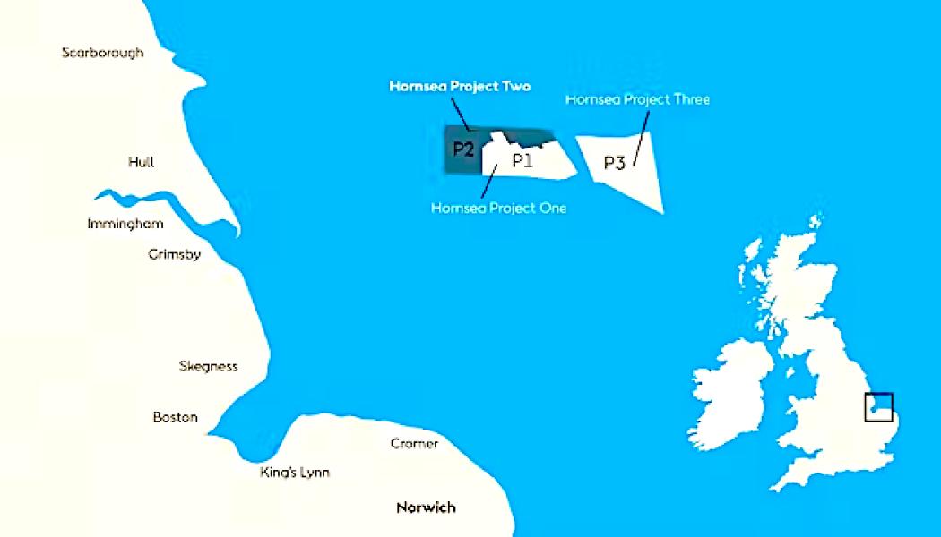 Offshore vindkraft i Hornsea 1, Hornsea 2. Karta: Ørsted