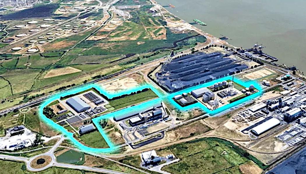 Platsen för projekten av Lhyfe markerade i grönt och Elyse Energy markerade i blått, i det industriella hamnområdet Montoir-de-Bretagne. Foto: Lhyfe