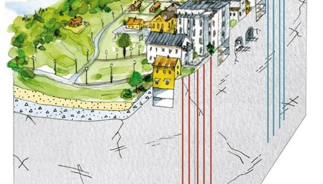 Exempel på borrhålslager (BTES) för säsongslagring av både värme och kyla. Illustration: Anna Jonson, ArtAnna., SGU Statens Geologiska undersökningar.