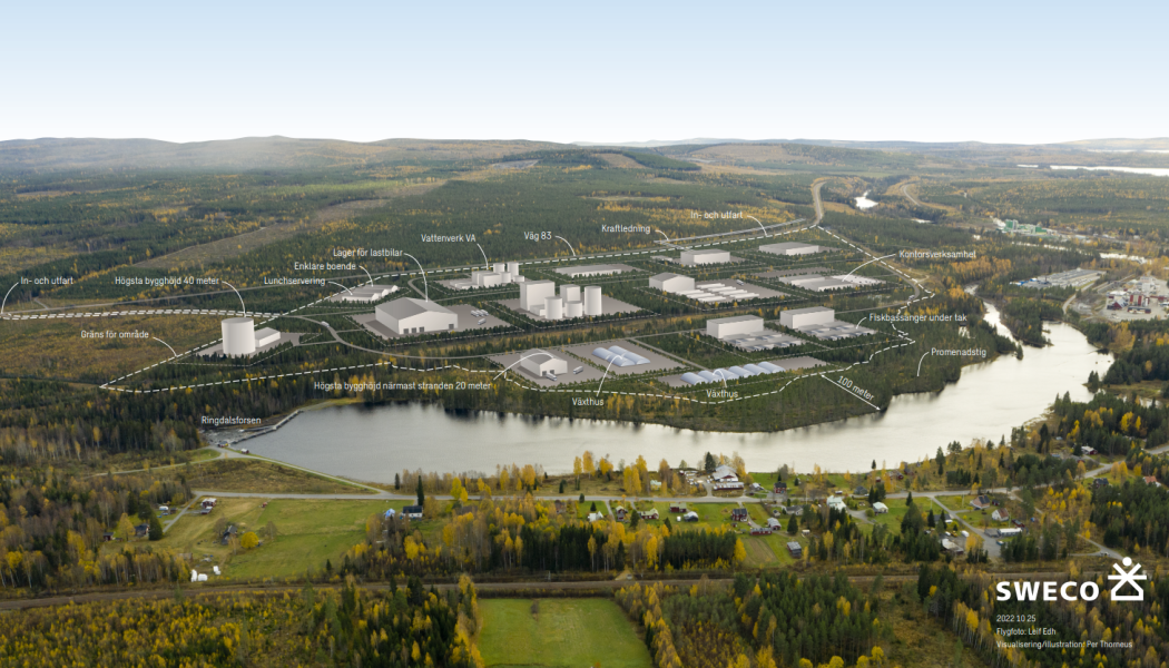 I anslutning till de planerade vätgasfabrikerna utvecklar Ånge kommun Alby Östra, en industripark för hållbar symbios. Bildkälla: Sweco