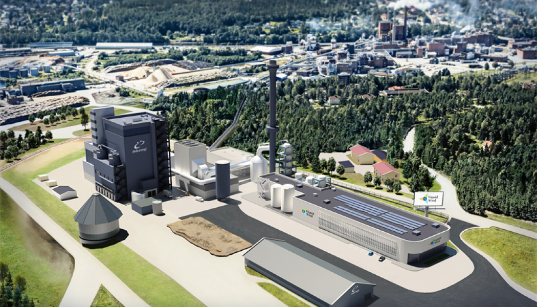 Illustration av FlagshipONE, Sveriges första anläggning för produktion av grönt elektrobränsle, e-metanol, i Örnsköldsvik. Bild: Liquid Wind