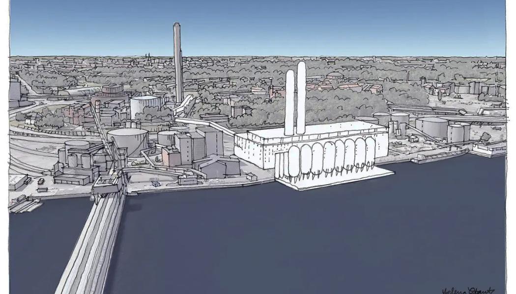 Projekteringen pågår fortfarande men så här tänker man sig att den planerade Bio-CCS-anläggningen skulle kunna se ut. Kraftvärmeverket är den halvrunda, grå byggnaden till vänster i bakgrunden. Illustration: Urban Design, 2023.