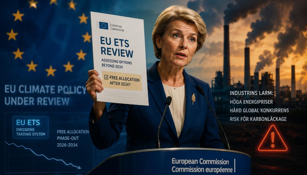 EU:s pågående översyn kan påverka tidsplanen för utfasningen av fria utsläppsrätter. Om medlemsländerna och Europaparlamentet godkänner EU-kommissionens kommande förslag för de branscher som omfattas av EU:s koldioxidtull, CBAM, kan de fria utsläppsrätterna enligt nuvarande regler vara helt avskaffade senast 2034. Foto: AI-genererad illustration, inte ett fotografi. Copyright: Conventus.