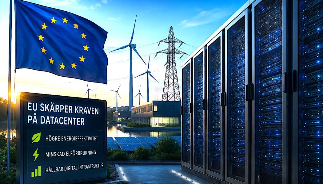 Moderna datacenter blir en allt viktigare del av Europas digitala infrastruktur. EU vill nu införa minimikrav på energieffektivitet, hållbarhetsmärkning och återvinning av spillvärme samtidigt som utbyggnaden av AI-kapaciteten ska påskyndas. Bilder: fria press- och illustrationsbilder. Illustration. AI-genererad bild. Copyright Conventus