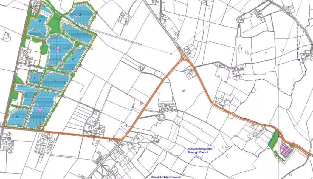 Planer av Exagen för Holly Lane Energy Park (markerad med grönt), som ska placeras på Holly Lane och Meer End på greenbelt mellan Solihull och Coventry. Planerna lämnades in nyligen och är under samråd. Den större konturen visar den föreslagna solfarmen och den mindre konturen visar den föreslagna batterilagringsenheten (Bild: Exagen)