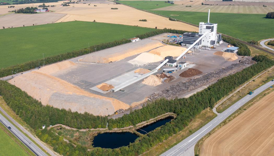 Flygbild på Örtoftaverket, Kraftringens största produktionsanläggning. Foto: Kraftringen