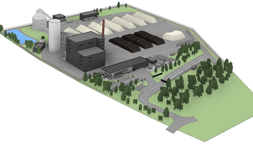 Bilden visar ett layoutförslag för hur ett nytt kraftvärmeverk skulle kunna se ut. 
Illustration från Hedemora Energi.