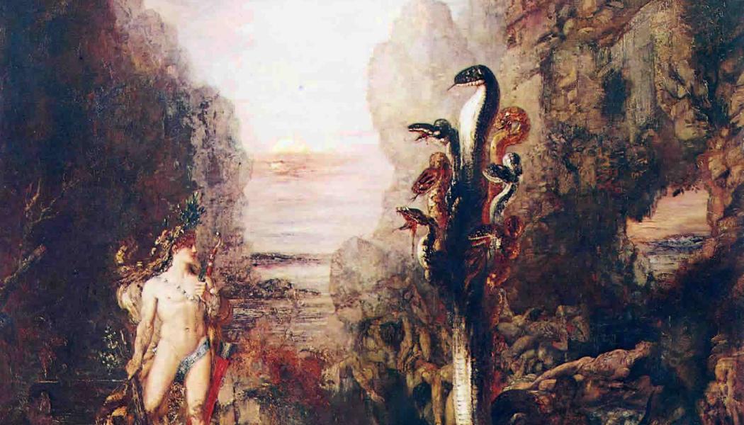 Författaren i Herakles skepnad till vänster i bild räddar moder Svea från en havsbaserad Hydra. 
Foto: Wikemedia Commons)