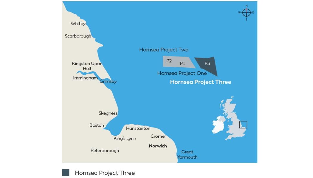 Hornsea 3, som är en del av en större vindkraftspark vid Hornsea utanför Yorkshires kust, förväntas ge en avkastning i den lägre delen av Ørsteds mål för projektavkastning. Analytiker på Bernstein uppskattar den interna avkastningsräntan till 7-7,5 procent. Karta: Ørsted/ Projekt Hornsea 3