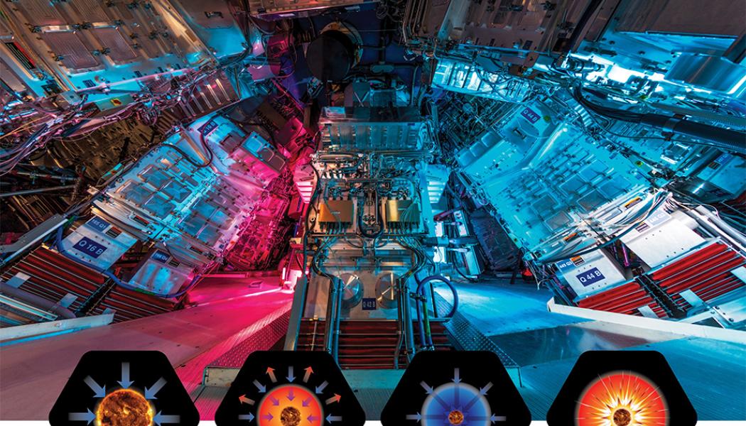 (Ovan) En vy från Target Bay av några av de slutliga optikenheterna som omger NIF Target Chamber, platsen för NIF:s tröghetsinneslutningsfusionsexperiment. (Nedan) Illustration av stadierna av en ICF-implosion. Fotokredit: Jason Laurea; bildkredit: Brian Chavez