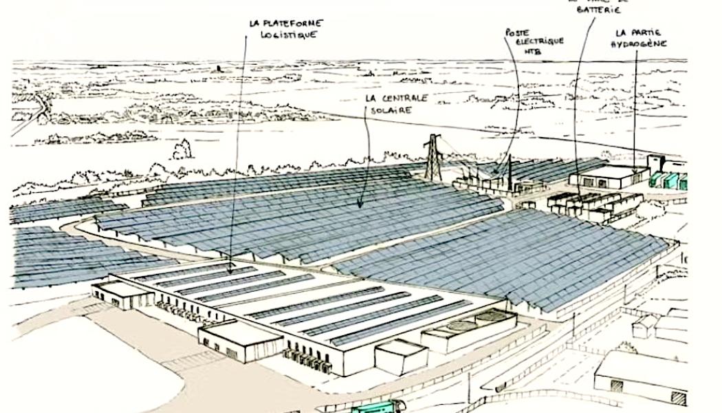 Illustration av den planerade vätgasanläggningen i Châtellerault, som även skulle ha försetts med en solcellspark för att driva elektrolysörerna. Foto: Lhyfe