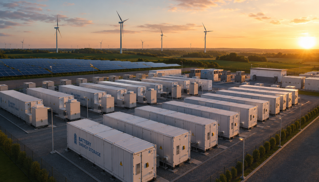 Parallellt växer marknaden för så kallad samlokalisering, där batterilager byggs tillsammans med sol- eller vindkraftsanläggningar. Bild: skapad av AI, ej fotografi. Copyright: Conventus