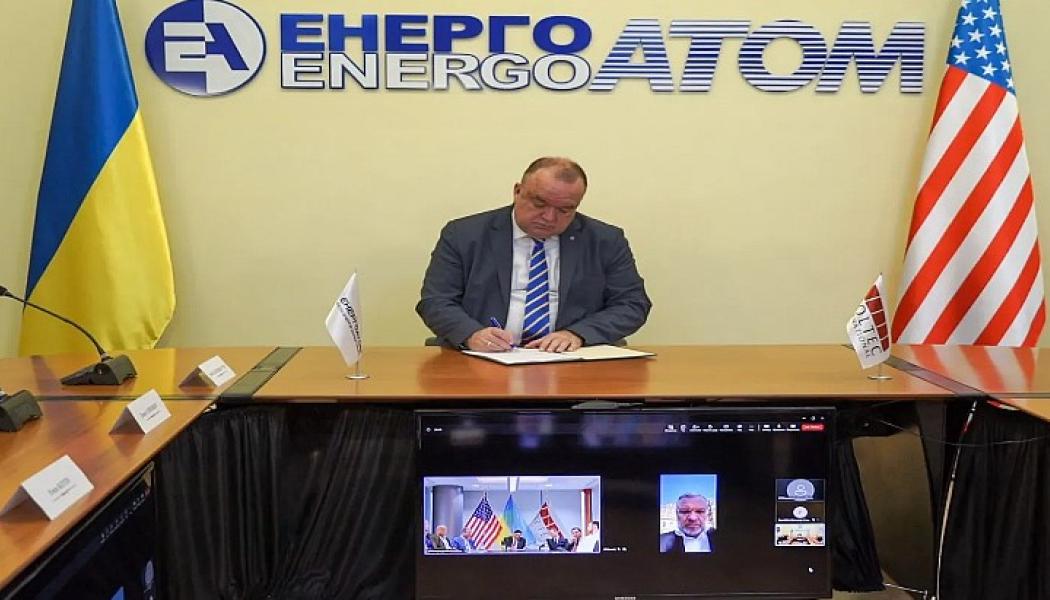 Vid en onlineceremoni undertecknades avtalet av Energoatoms tillförordnade ordförande Petro Kotin (i bilden) och Holtec Internationals president och VD Chris Singh, i närvaro av Ukrainas energiminister Herman Halushchenko. Foto: HOLTEC