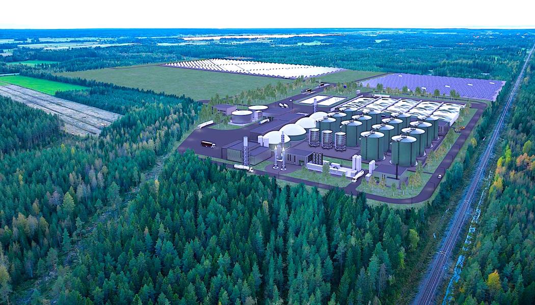 I anslutning till anläggningen startas även ett nytt gemensamt brunnssystem för lantbrukare – det första av sitt slag i Finland. Det gör att de näringsämnen som återstår efter processen kan transporteras till ett centralt system nära odlingsmark, för att därefter spridas som biogödsel. Systemet minskar transportbehov och miljöbelastning. Illustration: NIHAK