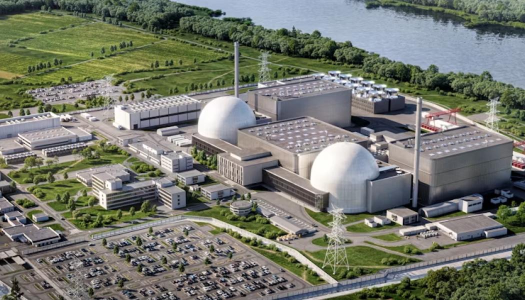 En illustration av Focused Energys planerade laserfusionskraftverk vid Biblis kärnkraftverk.  Det tyska företaget Focused Energy har tagit in 240 miljoner dollar (206 miljoner euro) i en finansieringsrunda ledd av energibolaget RWE. Kapitalet ska användas för att stödja byggandet av en anläggning för laserfusion vid det tidigare kärnkraftverket Biblis i delstaten Hessen i centrala Tyskland. Bild: Focused Energy.