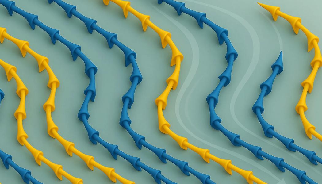 Elektriska fält böjer av spridningsriktningen för magnetiska strukturer, vilket avslöjas genom neutronexperiment. Källa: Paul Scherrer-institutet / AI-genererad visualisering