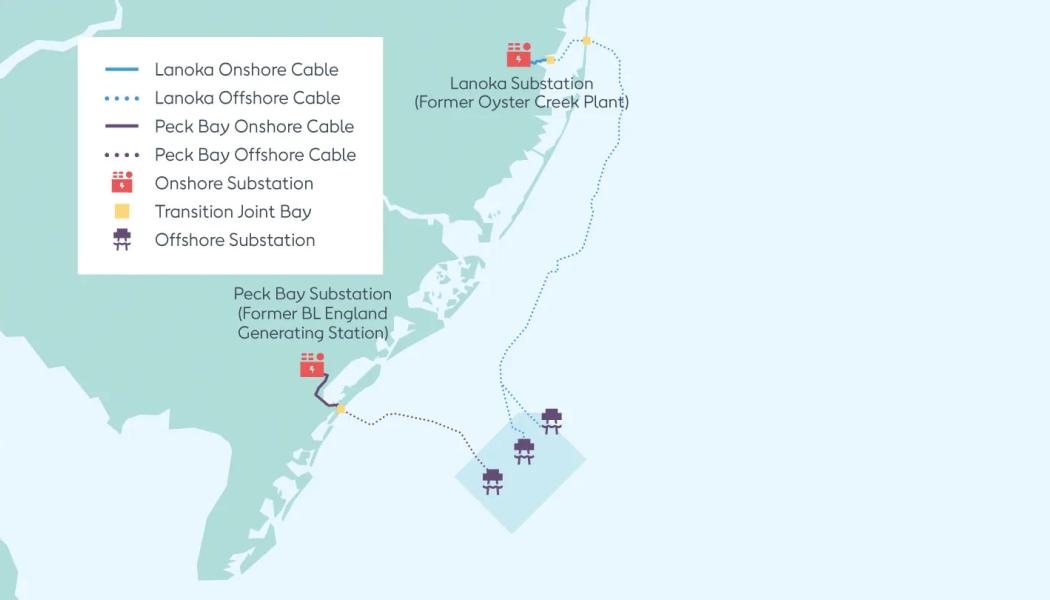Karta över lokalisering av vindparken Ocean Wind 1 och dess två transformationsstationer i Lanoka (Fd Oyster Creek Plant) och i Peck Bay utanför delstaten New Jerseys kustremsa (Fd BL England. Källa: Ørsted