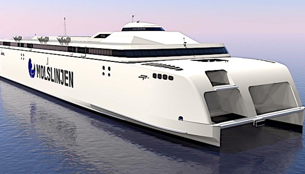 Bygget av Molslinjens nya elektriska jättelika katamaraner är nu igång vid varvet Incat i Tasmanien. Varvet har även presenterat designförslag för de helt eldrivna fartygen – och de utlovas bli både imponerande och kraftfulla. De två färjorna, och sannolikt också en tredje före årsskiftet 2027–2028, ska stå för en grön omställning och ersätta de dieseldrivna katamaranerna på rutten mellan Jylland och Själland. Illustration: Molslinjen