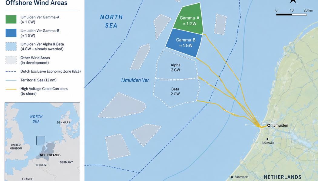 Beslutet omfattar områdena IJmuiden Ver Gamma-A och Gamma-B, som vardera har en planerad effekt på omkring 1 gigawatt. Tillsammans motsvarar projekten elförsörjningen för miljontals hushåll och utgör en viktig del av Nederländernas energiomställning. Kartan är AI-genererad. Copyright: Conventus