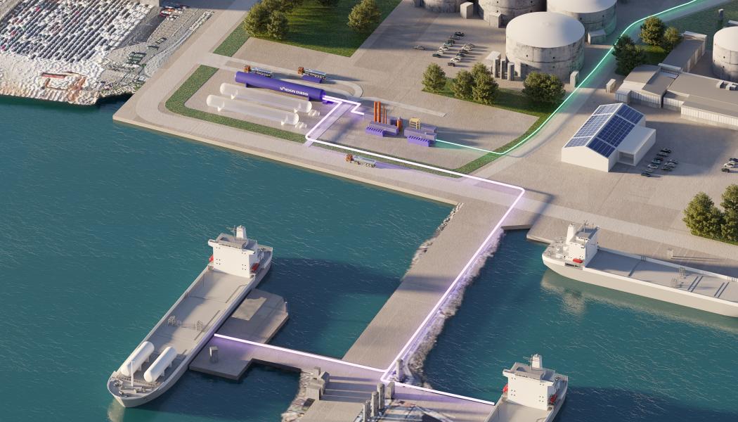 Illustration över byggnationen av en anläggning för förvätskning av biogas i Göteborgs hamn. Pressbild: Nordion Energi