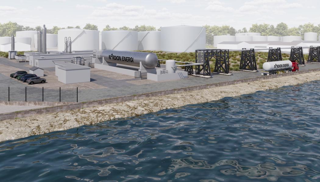 Visionsbild på den kommande förvätsdkningsanläggningen i Göteborgs Hamn. Pressbild: Nordion Energi