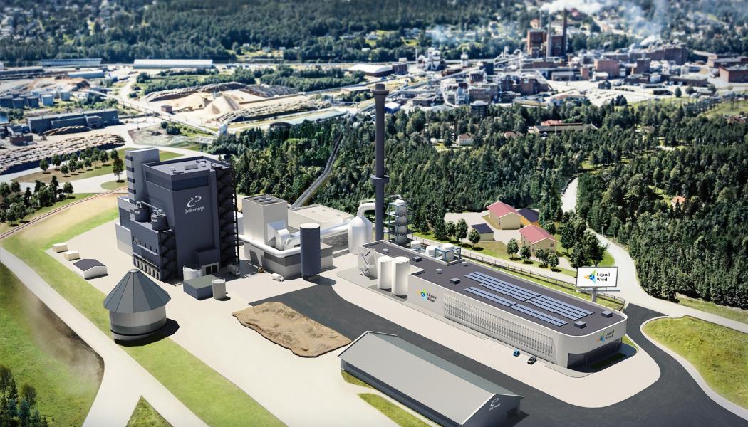 Anläggningen kommer att producera runt 50 000 ton grönt e-bränsle per år. Illustration av FlagshipONE, Örnsköldsviks kommun
