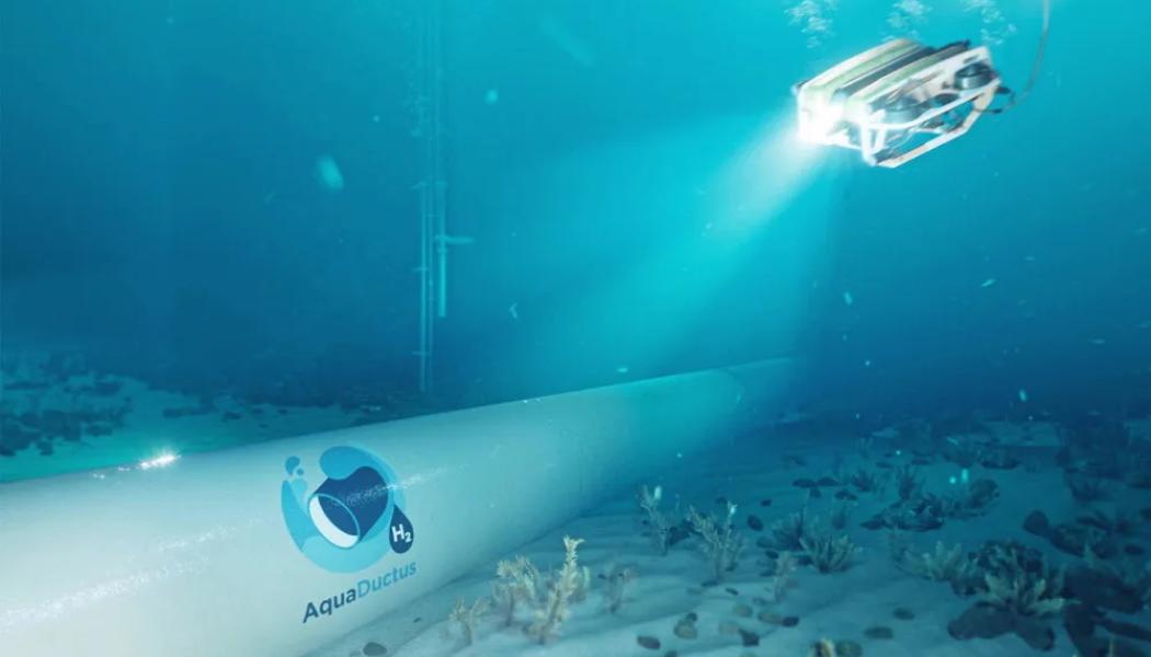 Visualisering av en ytterligare planerad så kallad AquaDuctus-ledning i Nordsjön (med fjärrstyrt inspektionsfordon). Denna 300 kilometer lång pipeline som ska transportera upp till en miljon ton grön vätgas från Nordsjön till Tyskland, beräknas kunna spara landet upp till trettio miljarder euro, enligt energiministern i delstaten Niedersachsen.