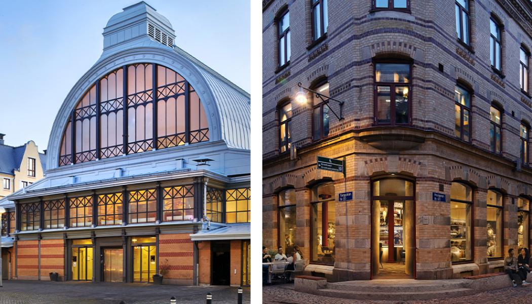 Stora Saluhallen till vänster och Postgatan 16 i Västra Nordstan till höger, som bland annat huserar restaurangen Gurras. Foto: Higab