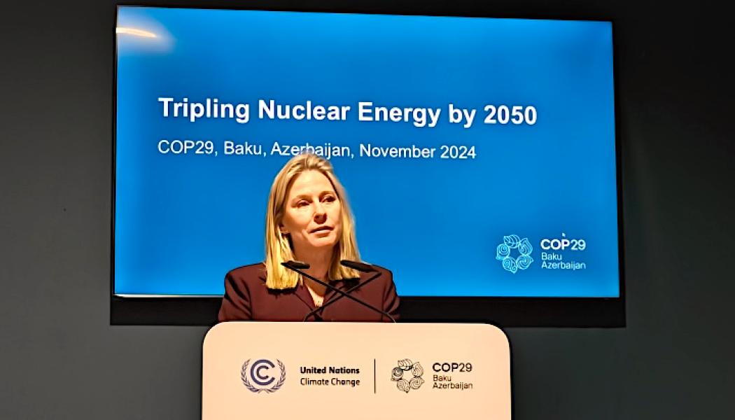 Generaldirektören för World Nuclear Association, Sama Bilbao y León, talar vid FN:s klimatkonferens COP29 i Baku, Azerbajdzjan. Foto: World Nuclear Association