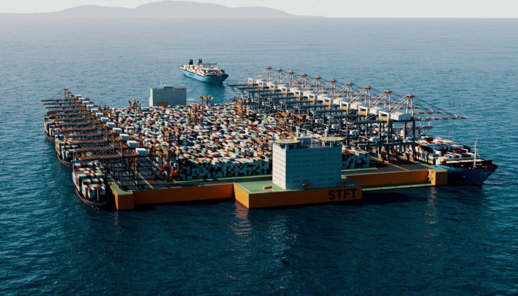 Sea Tech Floating Terminal (STFT) är en flytande containerhamn som används för att avlasta konventionella containerhamnar. Den typen av plattformar skulle också kunna användas för Blykallas kärnkraftverk. Bild: Sea Technology.