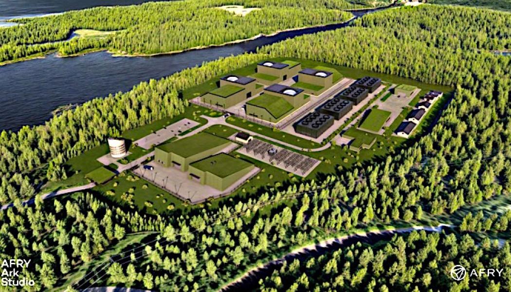 Visualisering av ett SMR-kraftverk i Grenland (Bild: Halden Kjernekraft Och Afry)