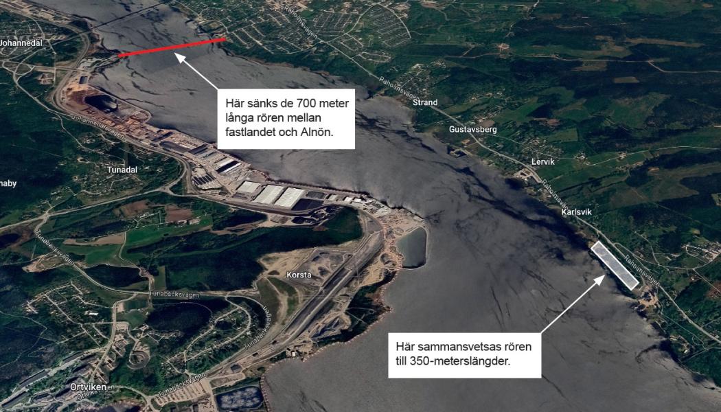 
Rören levereras i 16-meterslängder och svetsas ihop på land för att bilda fyra sektioner som är cirka 350 meter långa. Pressbild: FVB