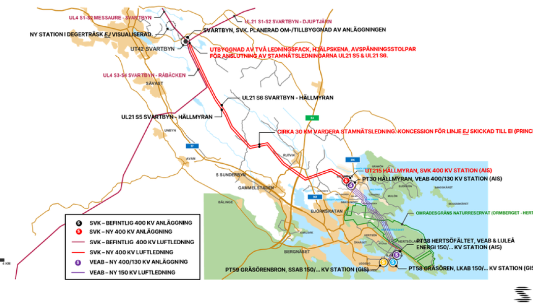 Dubbla växelströmförbindelserna på 400 kV vardera, ska byggas mellan Svartbyn i Boden till Hällmyran i Luleå. Pressbild: Svenska Kraftnät