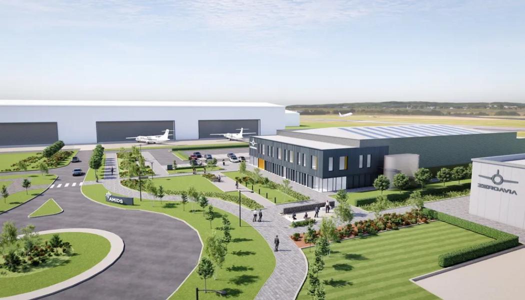 Illustration av ZeroAvias planerade tillverkningsanläggning för bränslecelldrivna flygplansmotorer nära Glasgows flygplats. Bild: ZeroAvia