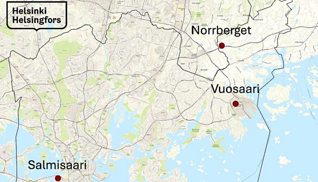 Energibolaget Helen har identifierat tre potentiella platser i Helsingfors – bland annat i Nordsjö (Vuosaari), Sundholmen (Salmisaari) och Norrberget för byggandet av en småskalig kärnkraftsanläggning. Foto: Helen Oy.