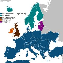 Karta över europeiska överföringssystemoperatörers organisationer (regionala grupper) Kontinentaleuropa, Norden, Baltikum, Storbritannien och Irland/Nordirland (tidigare UCTE, UKTSOA, NORDEL, ATSOI, IPS/APS). Wikipedia Common, Kredit: Kimdime