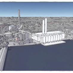 Projekteringen pågår fortfarande men så här tänker man sig att den planerade Bio-CCS-anläggningen skulle kunna se ut. Kraftvärmeverket är den halvrunda, grå byggnaden till vänster i bakgrunden. Illustration: Urban Design, 2023.