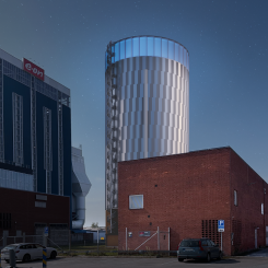 Gestaltningsförslag för E.ON:s nya ackumulatortank i Örebro. Pressbild: GATUN