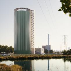 Värmelagret i Malmös Norra hamn kommer att bidra till ett mer flexibelt och motståndskraftigt energisystem. Illustration: Liljewall Architects © E.ON