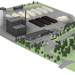 Bilden visar ett layoutförslag för hur ett nytt kraftvärmeverk skulle kunna se ut. 
Illustration från Hedemora Energi.