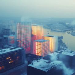 Illustration: Stad visualiserad som ett distribuerat värmelager, där byggnader används som en aktiv del av fjärrvärmesystemet. Pressbild: Utilifeed AB