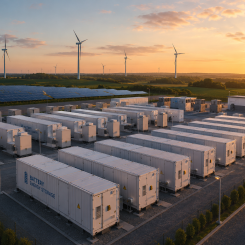 Parallellt växer marknaden för så kallad samlokalisering, där batterilager byggs tillsammans med sol- eller vindkraftsanläggningar. Bild: skapad av AI, ej fotografi. Copyright: Conventus