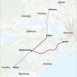 I rött: Åker-Hedenlunda och Hall-Hedenlunda som startar upp nu. I grått: Hamra-Åker och Hedenlunda-Glan som pågår sedan hösten 2024. Pressbild: Svenska Kraftnät