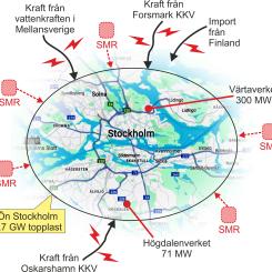 Så elförsörjs Stockholm när allt fungerar, men var kommer kraften ifrån om Forsmark och Oskarshamn och södra Sverige faller bort och viorna från Mellansvarige i sin tur kopplas bort pga överbelastning? Fem SMR (50-100 MW) skulle kunna ge Stockholm den redundans vi behöver för att bättre klara ett avbrott, för Stockholm har inte interna kraftverk som kan klara en topplast.
