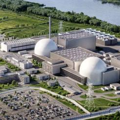 En illustration av Focused Energys planerade laserfusionskraftverk vid Biblis kärnkraftverk.  Det tyska företaget Focused Energy har tagit in 240 miljoner dollar (206 miljoner euro) i en finansieringsrunda ledd av energibolaget RWE. Kapitalet ska användas för att stödja byggandet av en anläggning för laserfusion vid det tidigare kärnkraftverket Biblis i delstaten Hessen i centrala Tyskland. Bild: Focused Energy.
